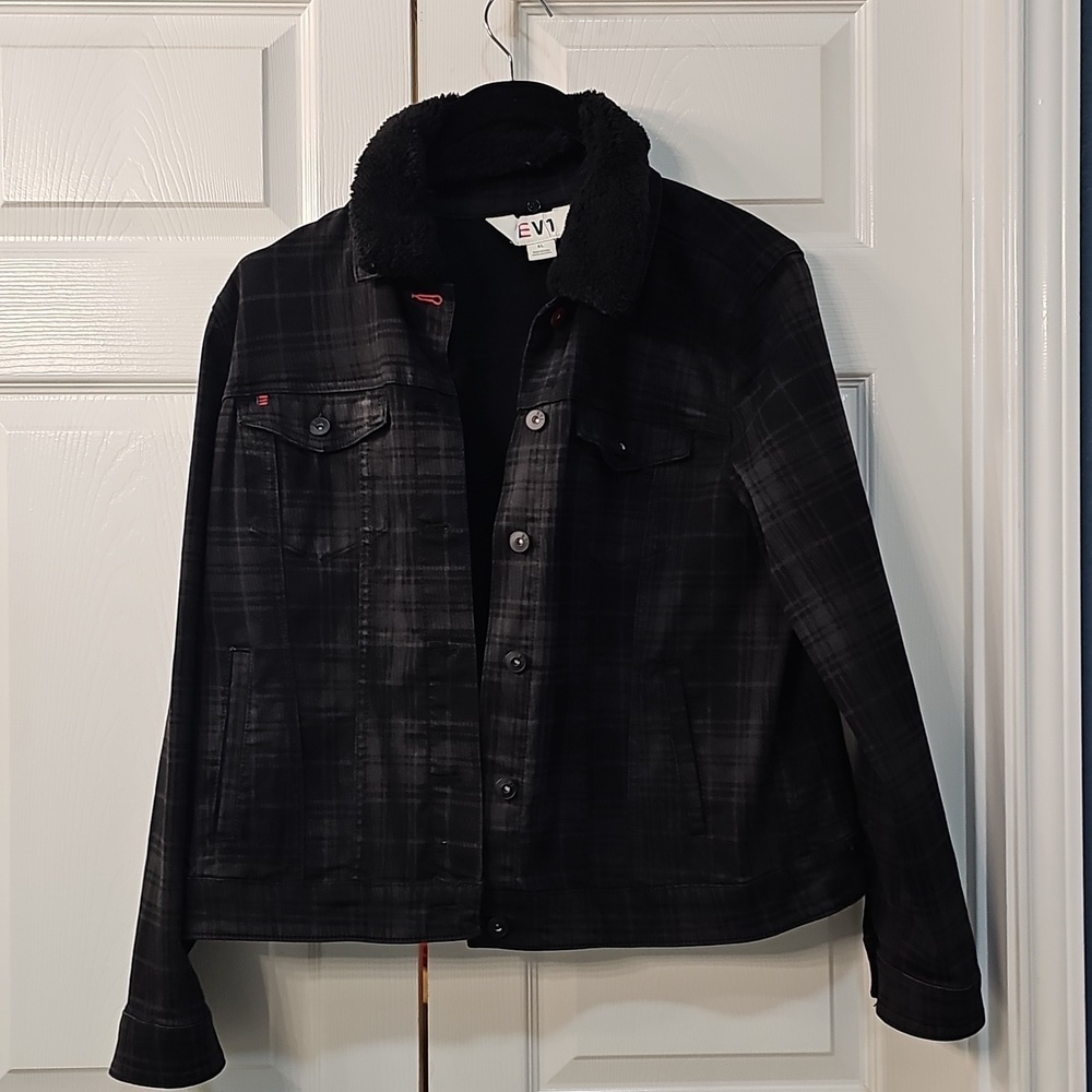 EV1 Women's Black & Grey Plaid Button Up Removable Fleece Collar Jacket XL
